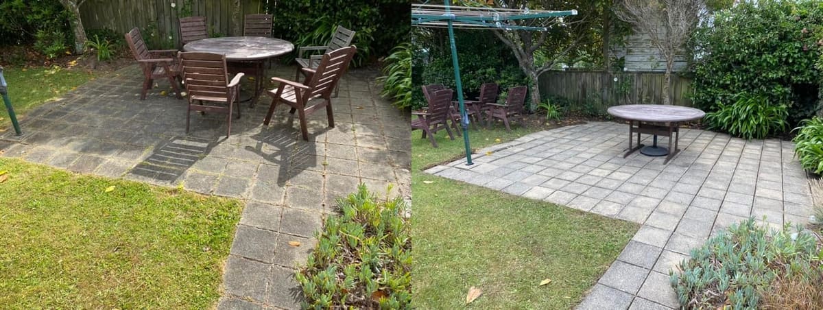 Patio cleaning in Wilton, before and after, paver or brick surface restored from weathered grey to clean original colour
