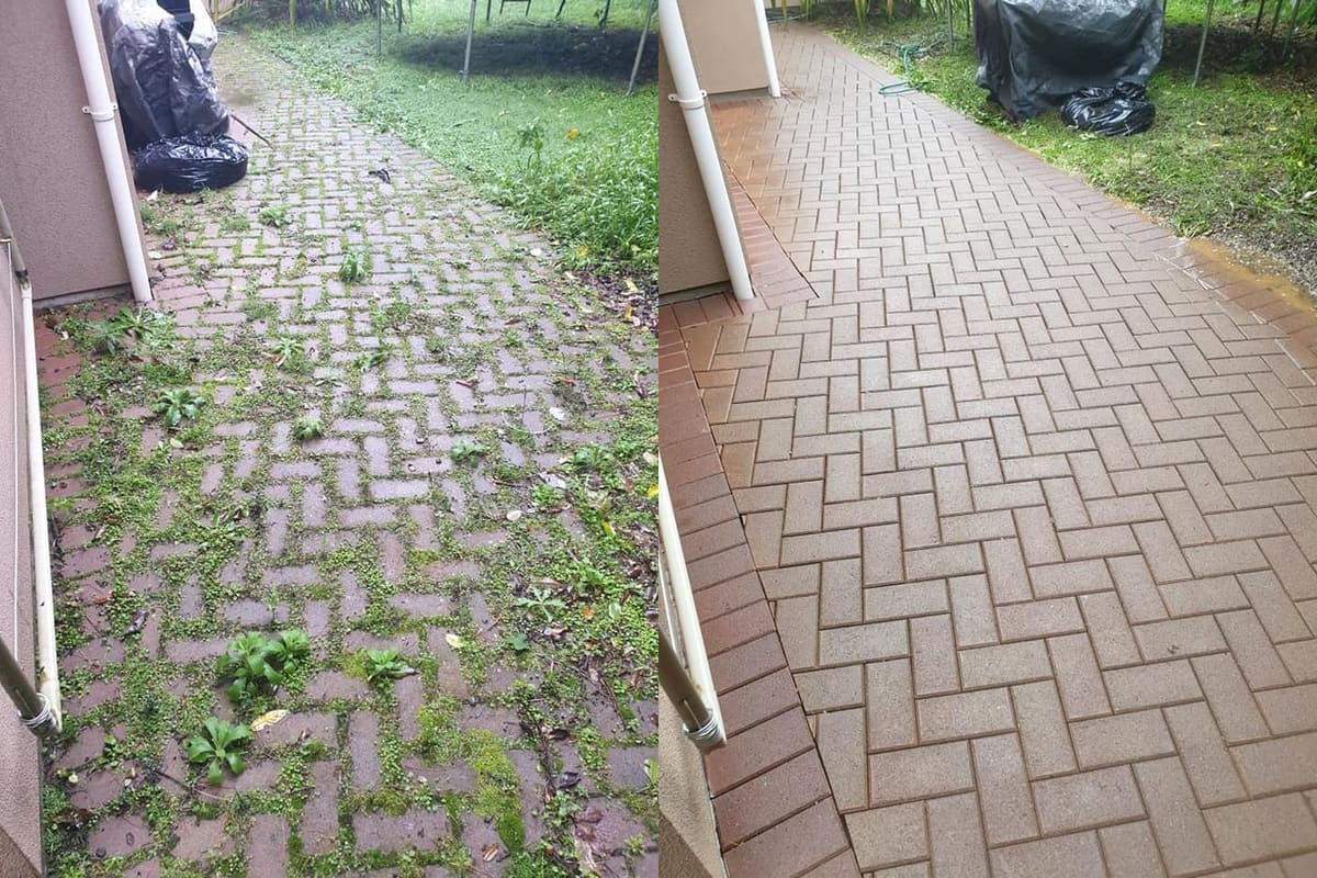 Patio cleaning in Crofton Downs, before and after, paver or brick surface restored from weathered grey to clean original colour