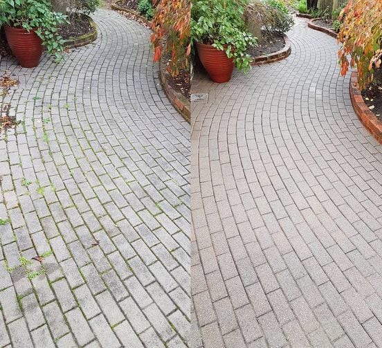 Patio cleaning in Karori, before and after, paver or brick surface restored from weathered grey to clean original colour