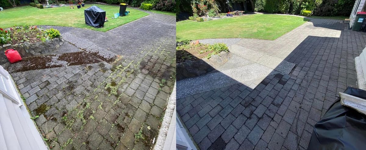Patio cleaning in Karori, before and after, paver or brick surface restored from weathered grey to clean original colour