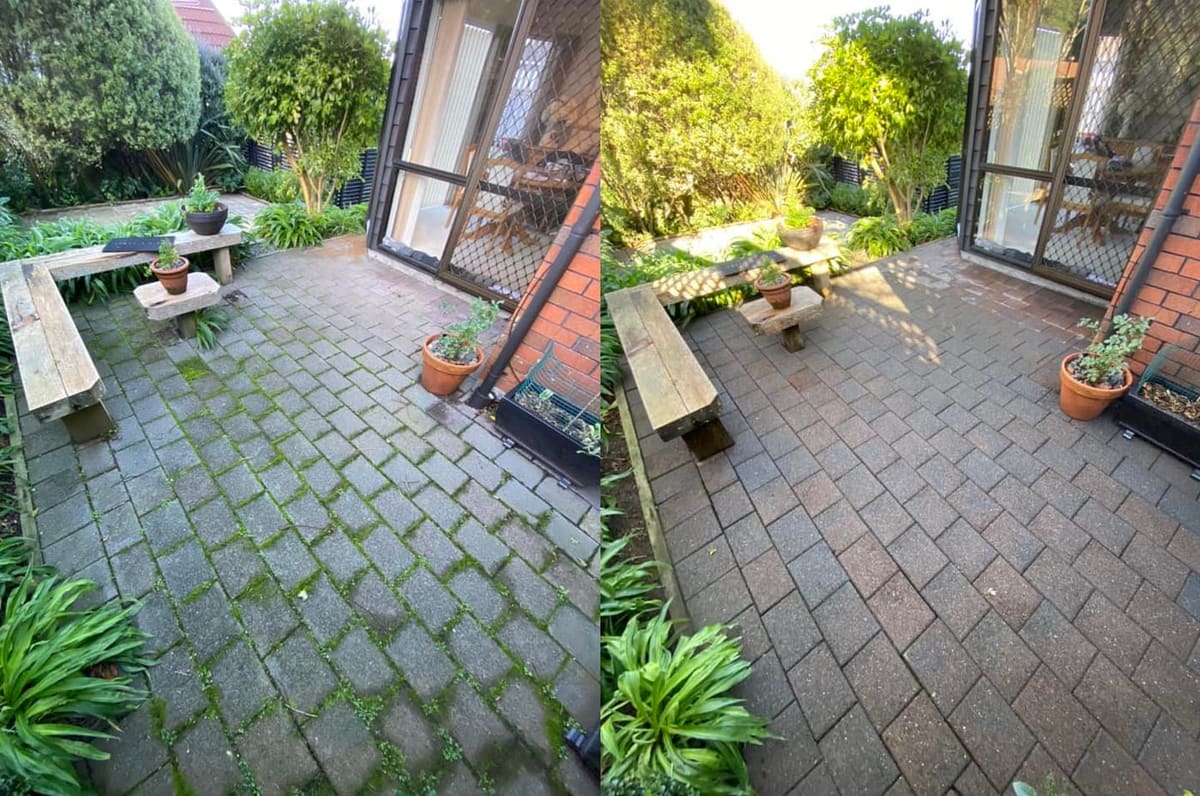 Patio cleaning in Khandallah, before and after, paver or brick surface restored from weathered grey to clean original colour