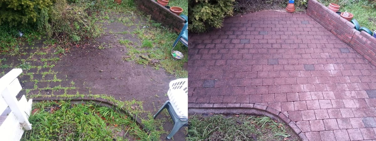 Patio cleaning in Khandallah, before and after, paver or brick surface restored from weathered grey to clean original colour