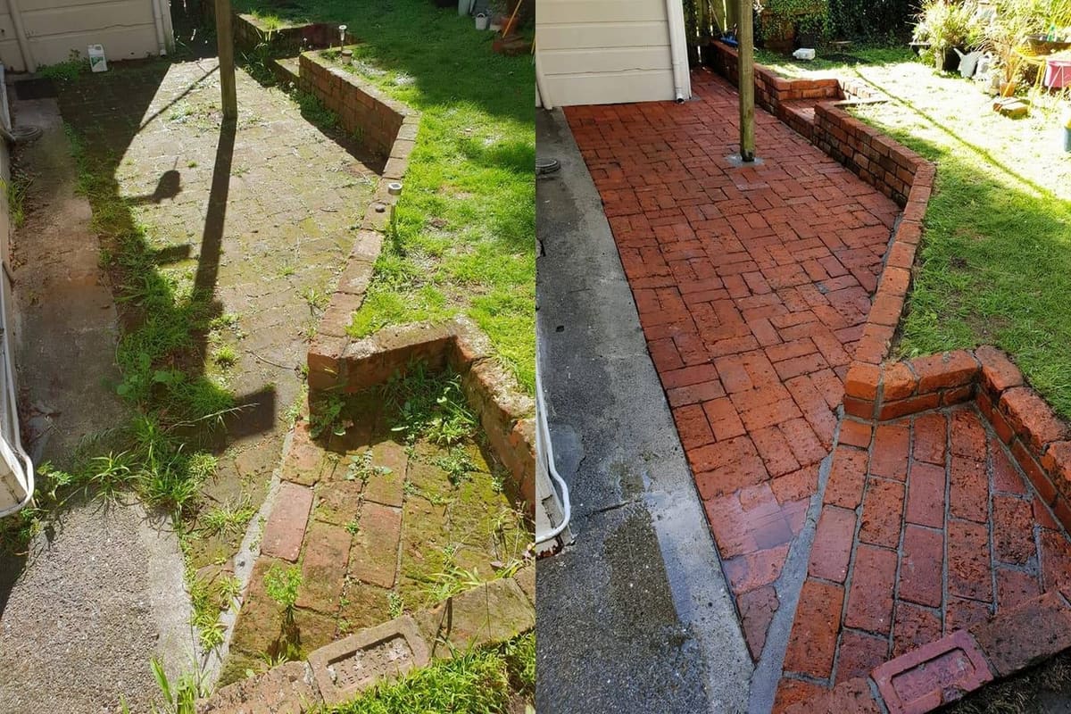 Patio cleaning in Northland, before and after, paver or brick surface restored from weathered grey to clean original colour