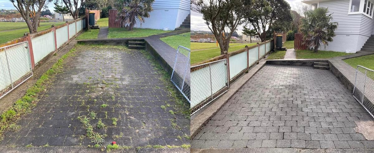 Patio cleaning in Porirua, before and after, paver or brick surface restored from weathered grey to clean original colour