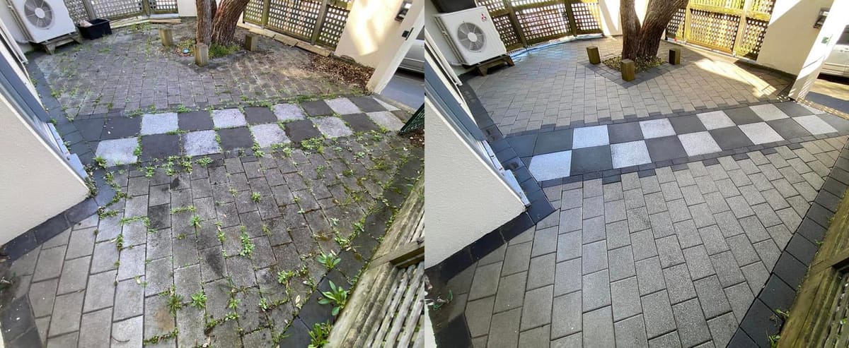 Patio cleaning in Te Aro, before and after, paver or brick surface restored from weathered grey to clean original colour