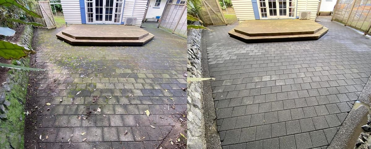 Patio cleaning in Wilton, before and after, paver or brick surface restored from weathered grey to clean original colour