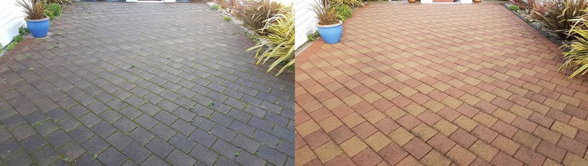 Patio cleaning in Johnsonville, before and after, paver or brick surface restored from weathered grey to clean original colour