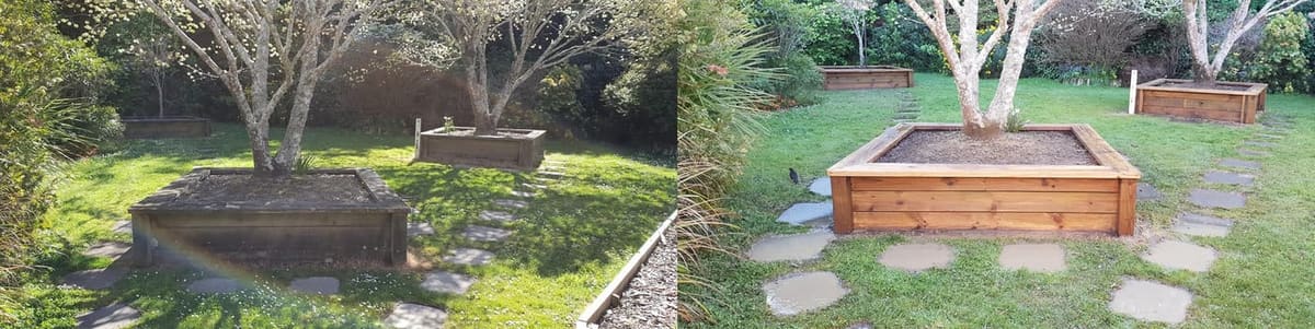 Planter cleaning in Newlands, before and after, weathered timber garden planters lifted clean of mould and grime