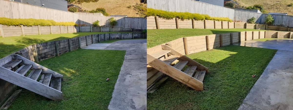 Retaining wall cleaning in Churton Park, before and after, wall blasted clean of algae and grime to restored finish