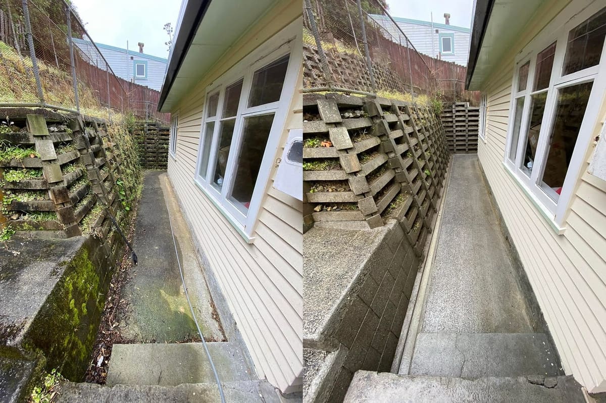 Retaining wall cleaning in Hataitai, before and after, wall blasted clean of algae and grime to restored finish