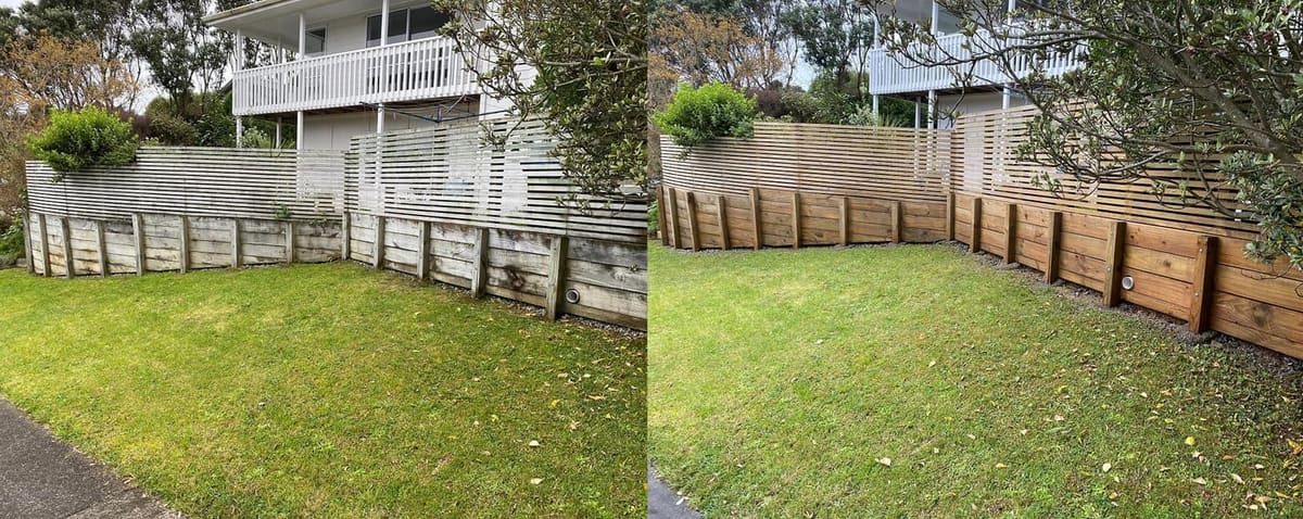 Retaining wall cleaning in Whitby, before and after, wall blasted clean of algae and grime to restored finish