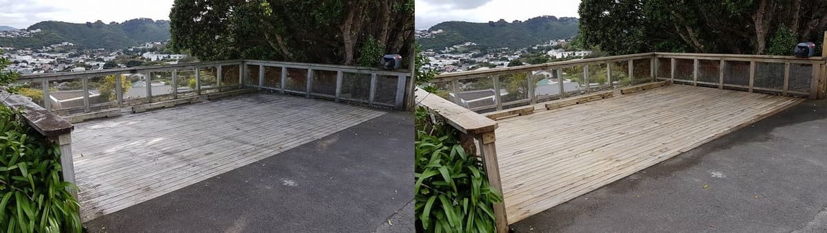 Wellington school exterior cleaning at Worser Bay School, weathered hilltop viewing deck soft washed to lift salt and grime, before and after showing restored timber boards over the harbour outlook.