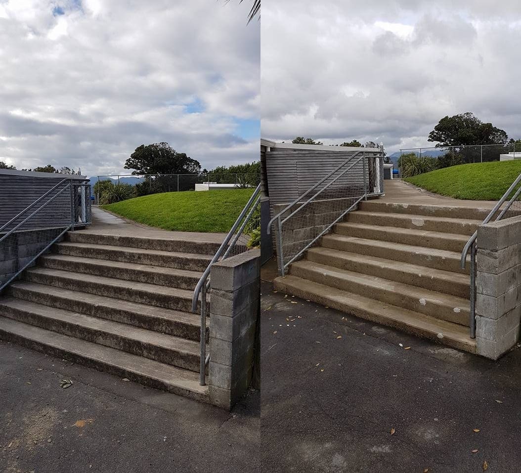 Wellington school exterior cleaning at Worser Bay School, moss stained concrete stairs and handrail pressure washed and biocide treated, returning safe non slip access between play areas.