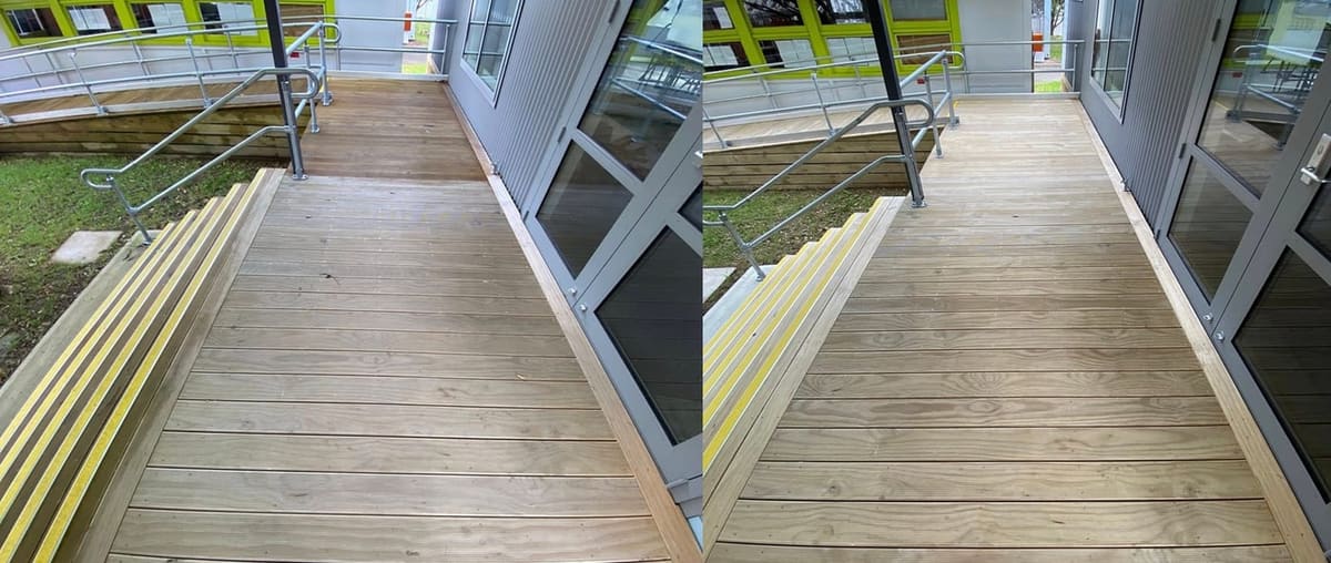 Wellington school exterior cleaning at Wellington High School, accessibility timber ramp with yellow safety nosings softwashed to lift surface grime, restoring grip and visual contrast for student safety.