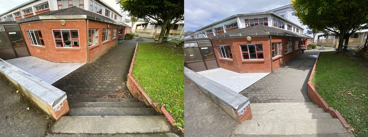 Wellington school exterior cleaning at Wellington High School, brick classroom block, pavers and side path softwashed to lift moss film and weathering, leaving a brighter courtyard ready for term.