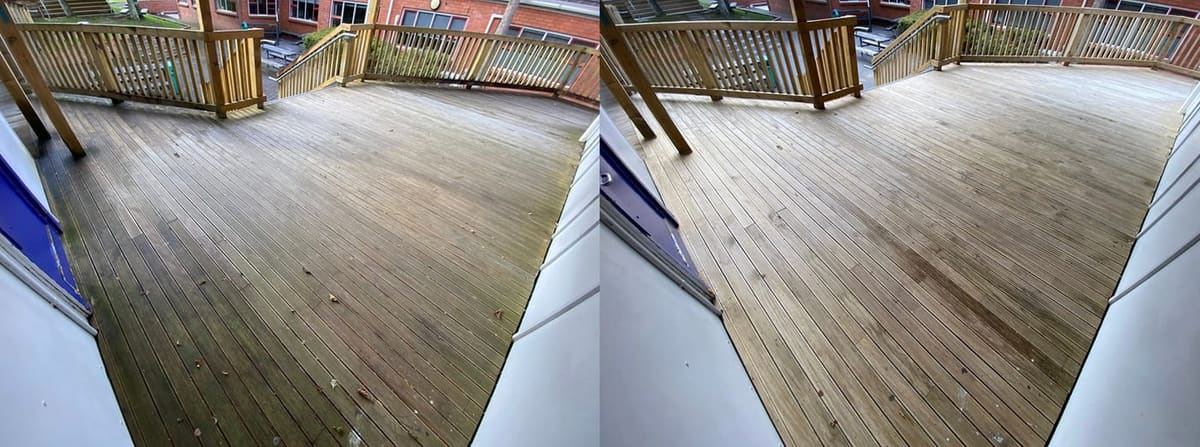 Wellington school exterior cleaning at Wellington High School, large elevated timber deck softwashed clean of moss bloom and weathering, ready for student use without slip risk.