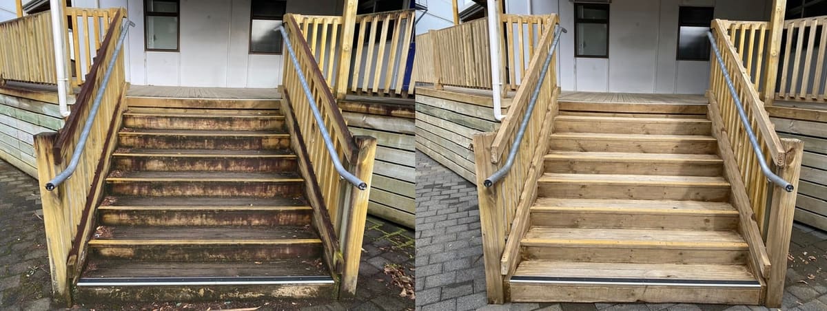 Wellington school exterior cleaning at Wellington High School, heavily soiled timber entry stairs and handrails softwashed back to fresh pine, dramatic before and after on the treads and stringers.