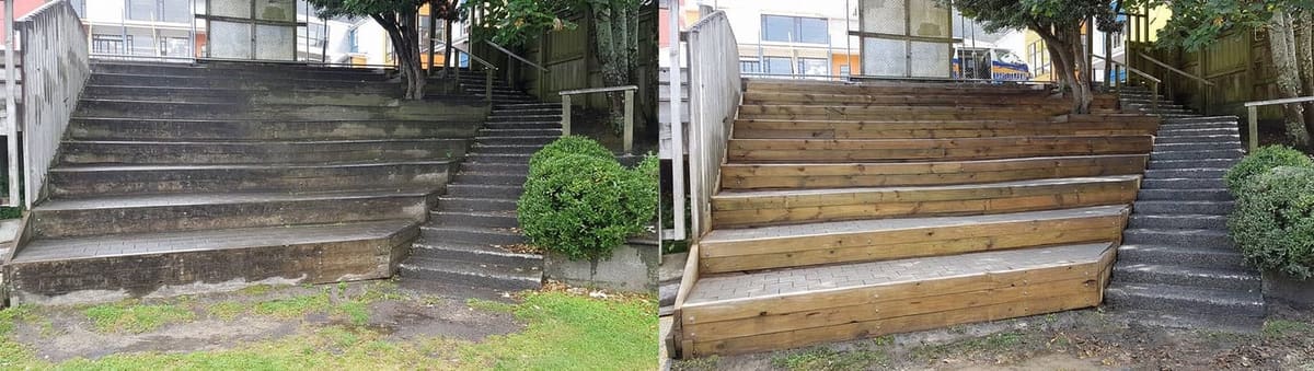 Outdoor seating restoration in Thorndon, before and after, weathered bench seating sanded and refinished to clean timber