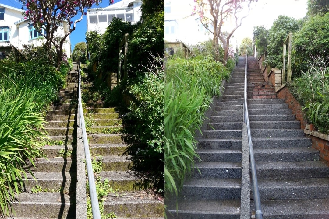 Path cleaning in Northland, before and after, footpath or garden path cleared of moss, weeds and weathering