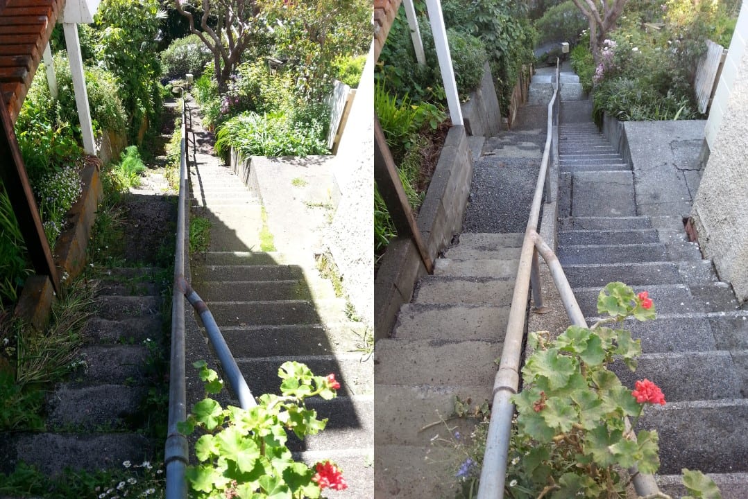 Path cleaning in Northland, before and after, footpath or garden path cleared of moss, weeds and weathering