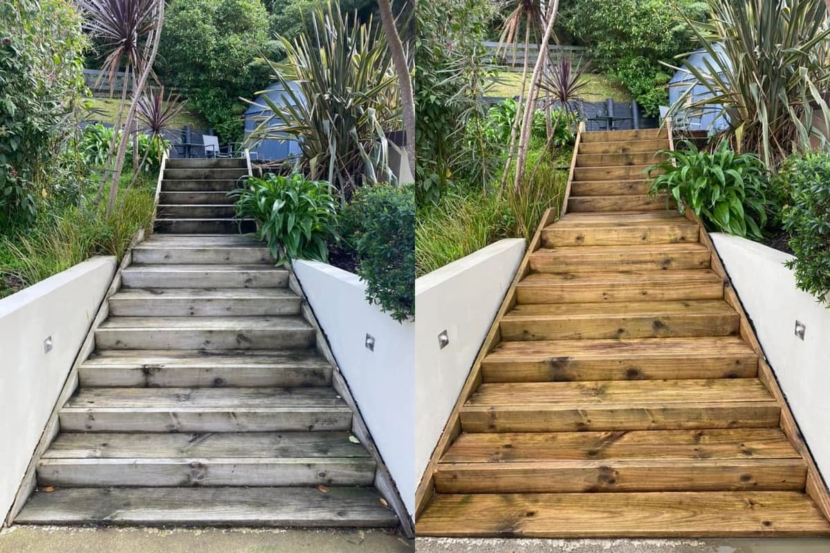Path cleaning in Paremata Inlet, before and after, footpath or garden path cleared of moss, weeds and weathering