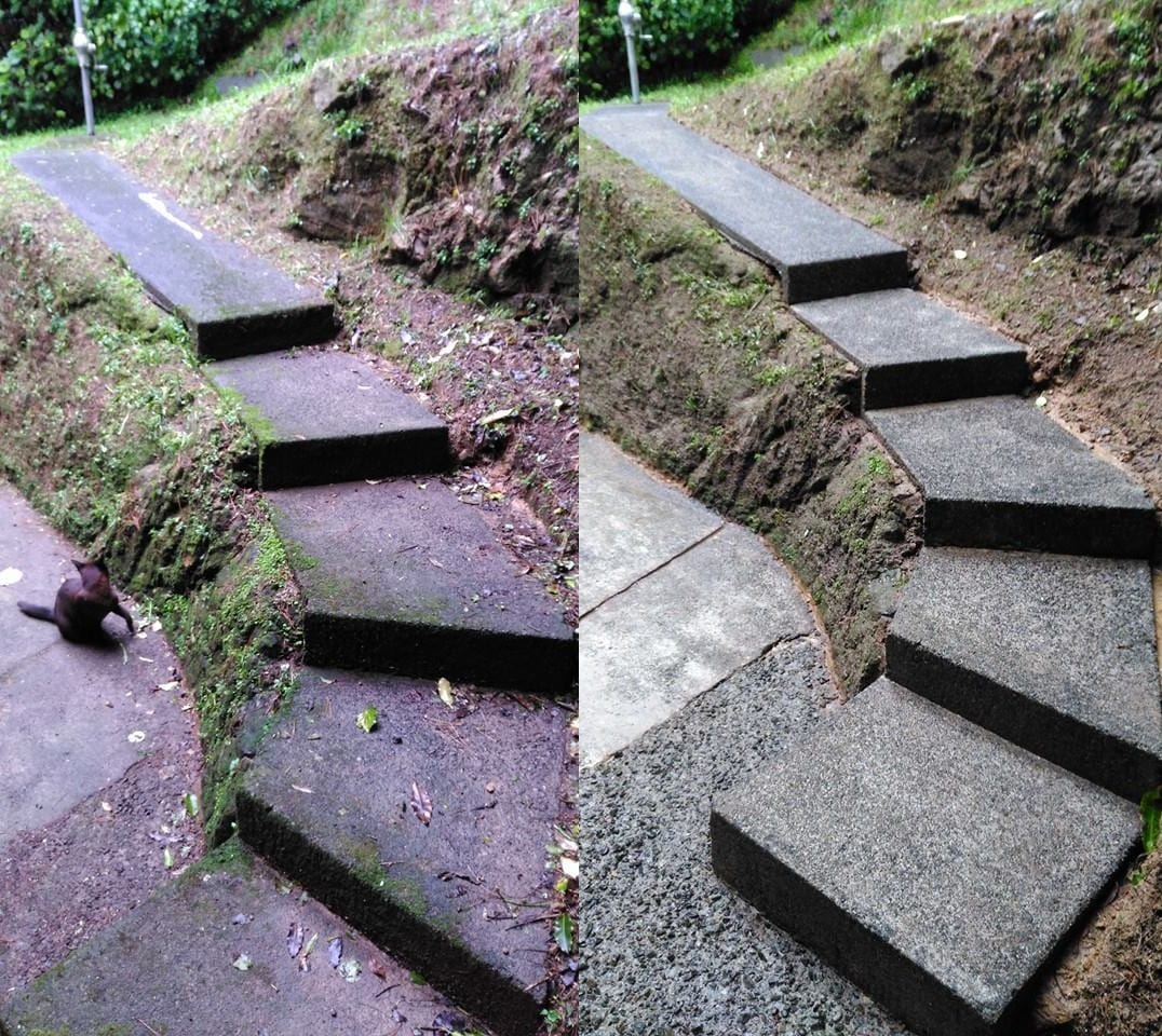 Path cleaning in Te Aro, before and after, footpath or garden path cleared of moss, weeds and weathering