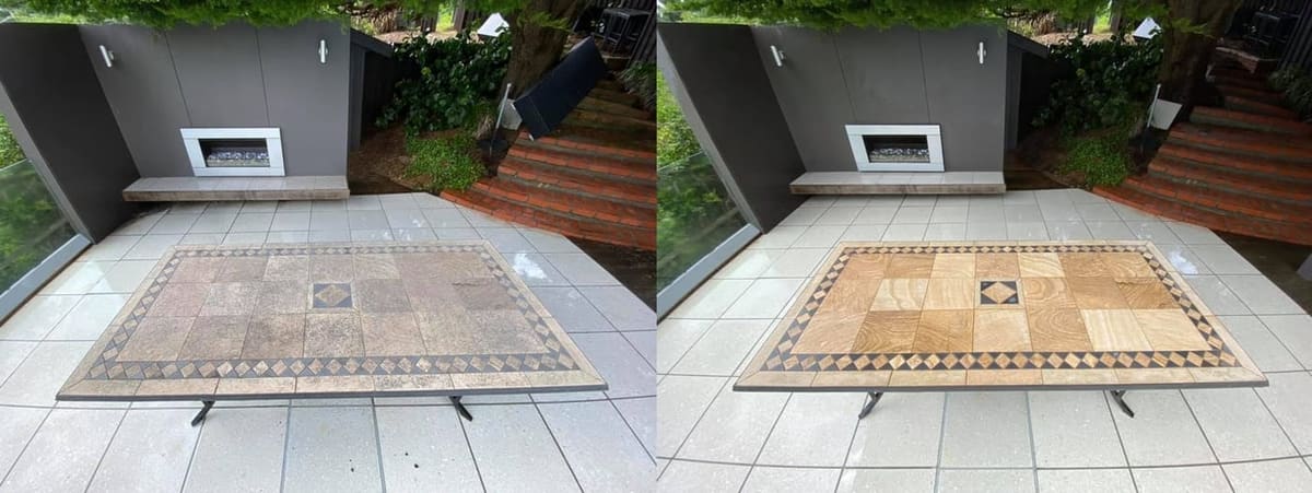 Outdoor table restoration in Seatoun, before and after, weathered timber outdoor table sanded and refinished
