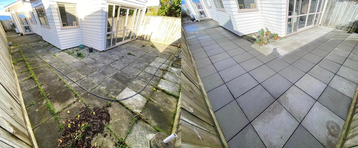 Patio cleaning in Khandallah, before and after, paver or brick surface restored from weathered grey to clean original colour